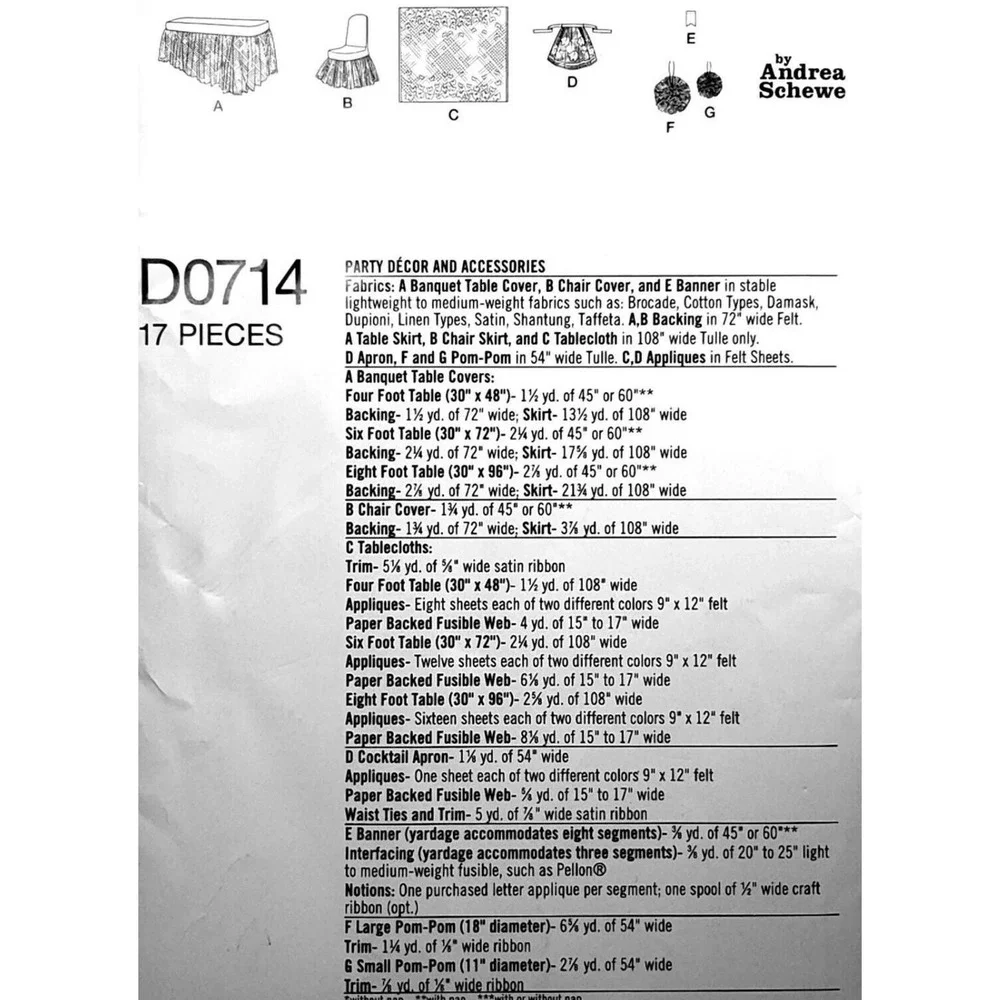 Simplicity D0714 Banquet Table & Chair Cover‎ Apron Banner Pom Pom Party Decor
